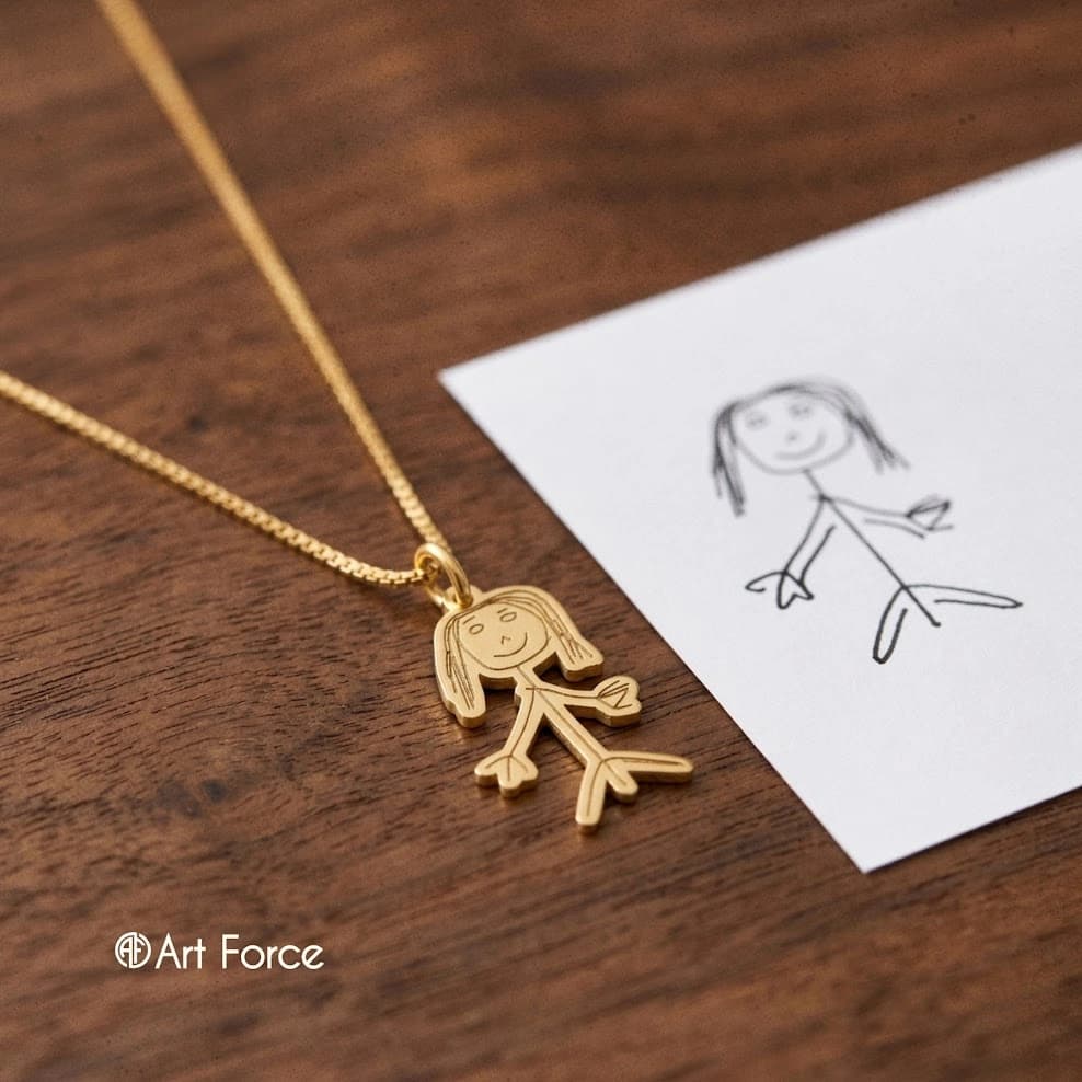 Colar e Pingente Banhado a Ouro 18k em Forma de Desenho da Criança TESTEEE