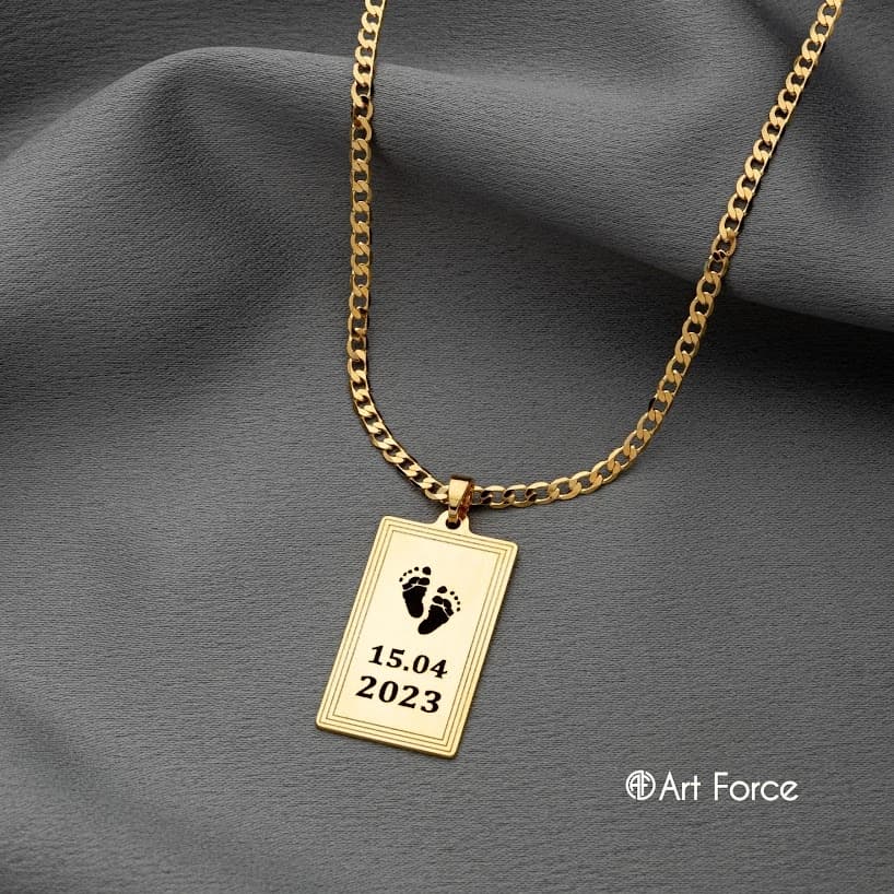 Colar Masculino Placa Pezinho Com Data Personalizada Ouro 18k Grumet 60cm