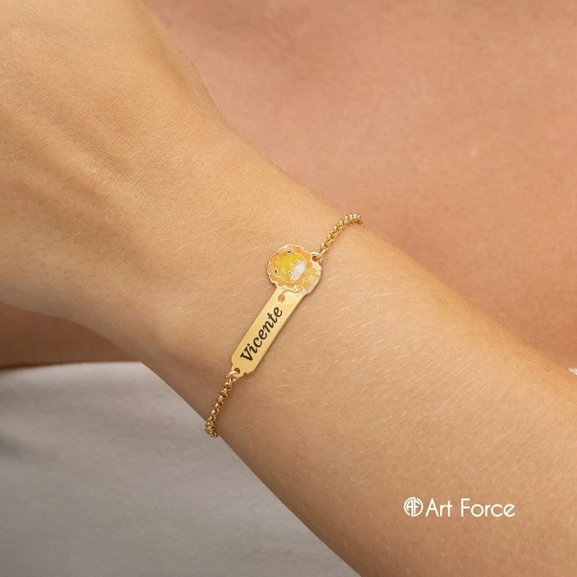 Pulseira Bebê Antiletárgico Nome Gravado Leãozinho Folheado Ouro 18k Premium